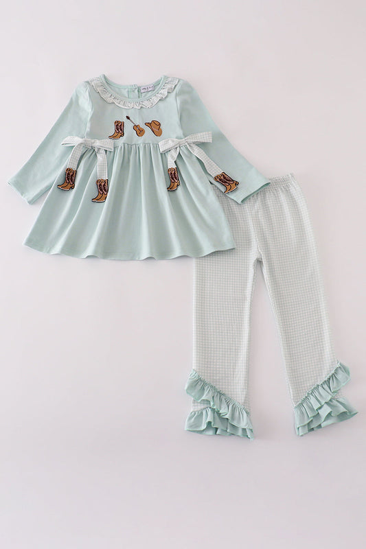 Blue boots embroidery ruffle pants set