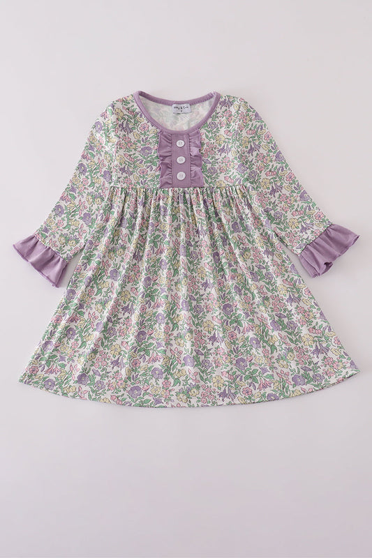 Purple floral print ruffle dress