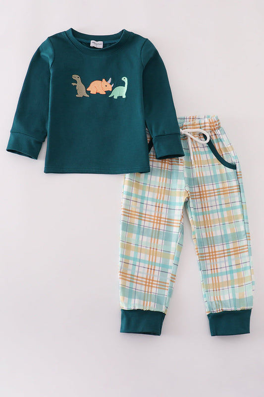 Blue dinosaur embroidery plaid pants set