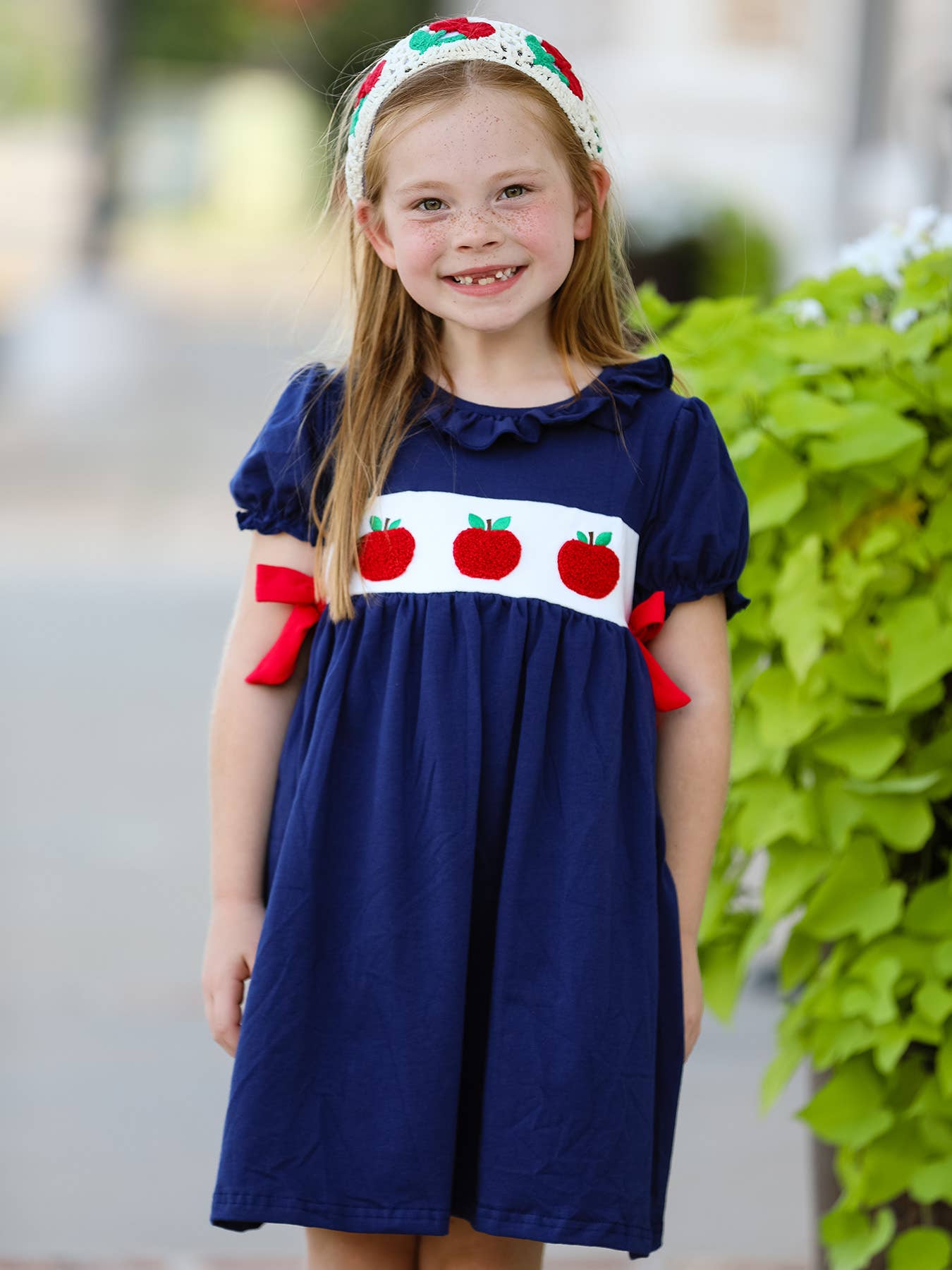 Back To School Navy Bow Apple Applique Girls Dress