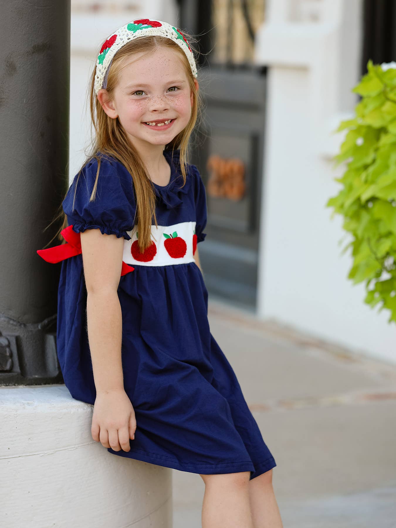 Back To School Navy Bow Apple Applique Girls Dress