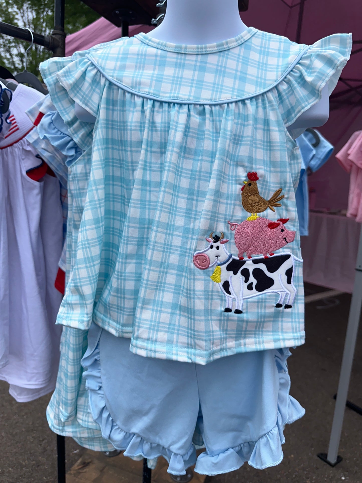 Blue farm appliqué ruffle shorts set