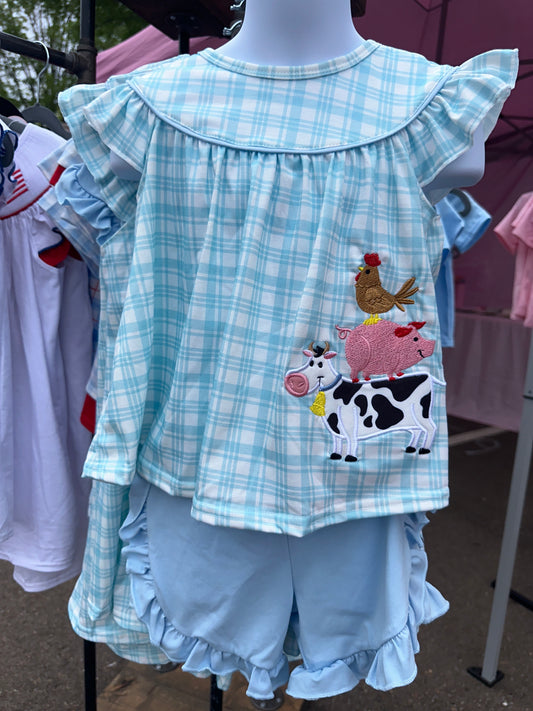 Blue farm appliqué ruffle shorts set