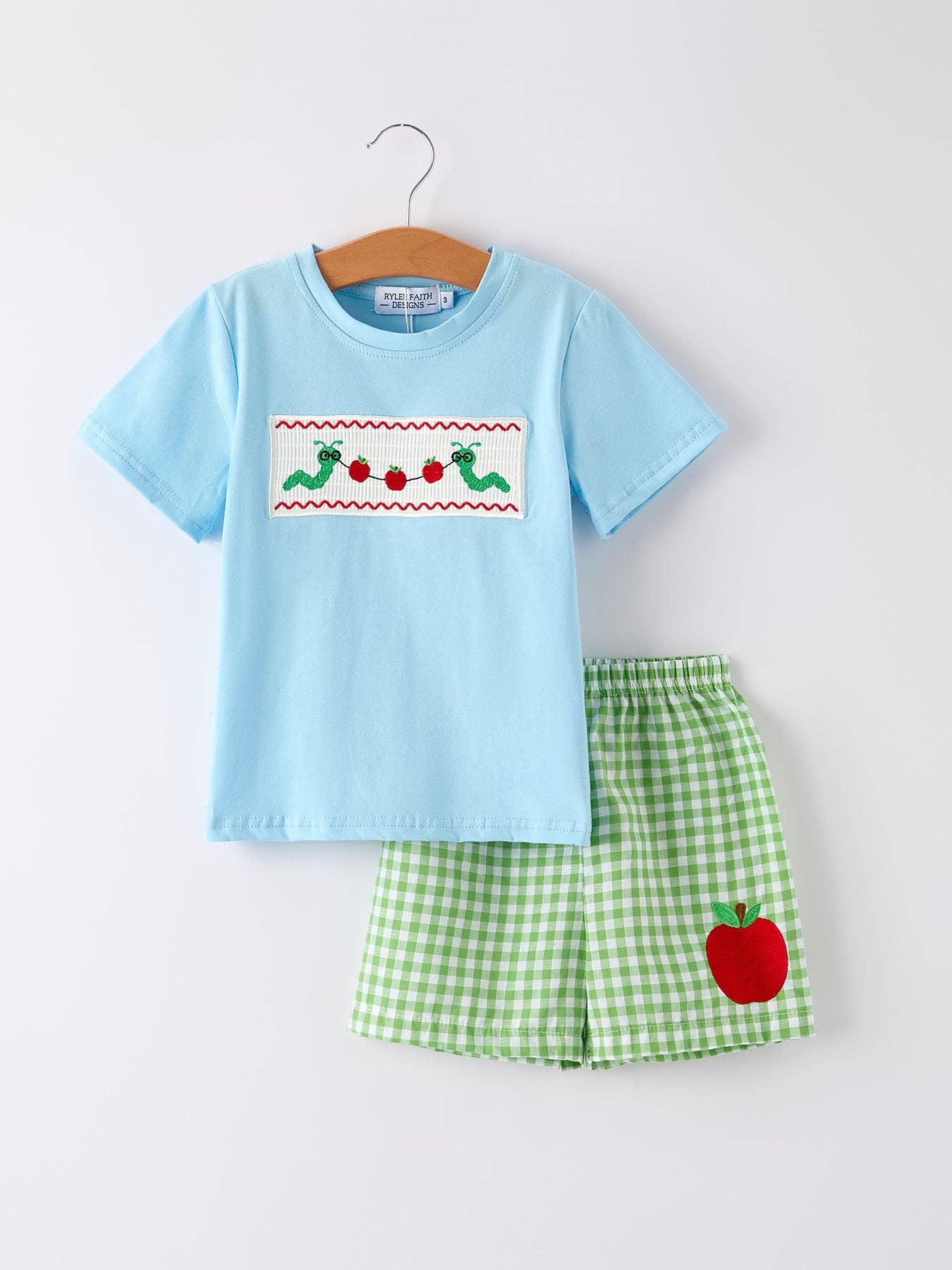 Boys Back to School Smock Embroidered Top+ Plaid Shorts: 2