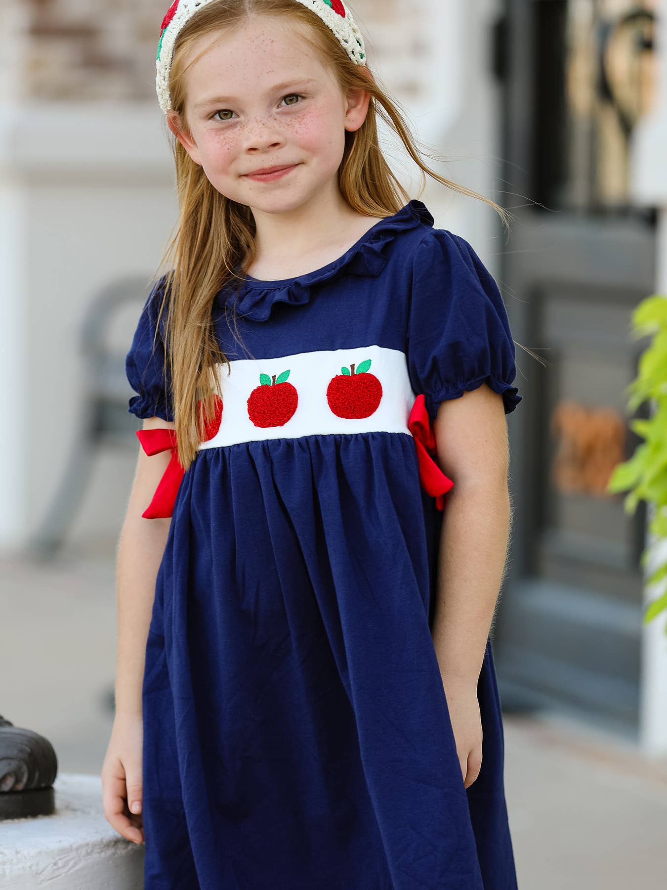 Back To School Navy Bow Apple Applique Girls Dress