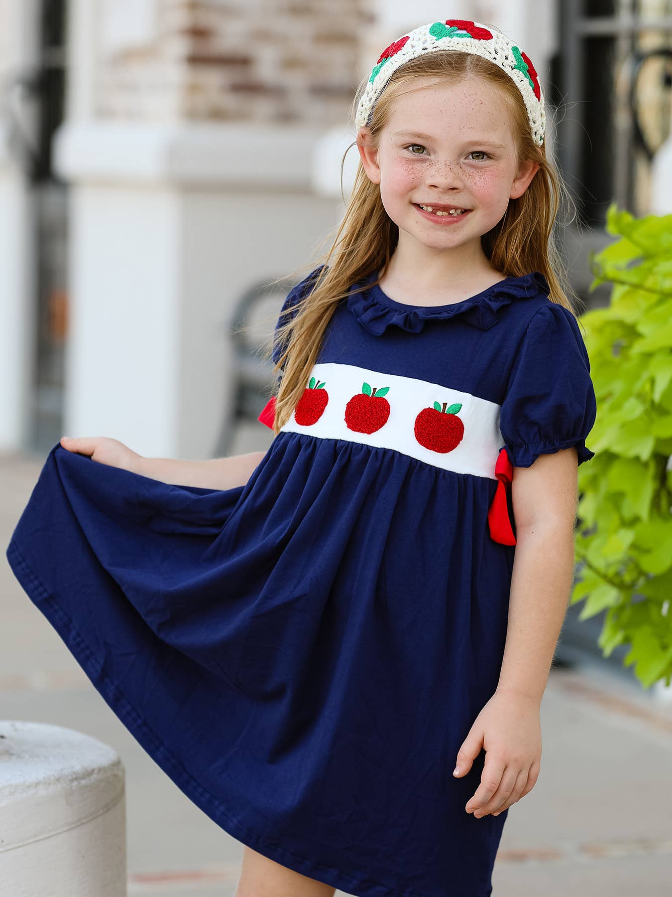 Back To School Navy Bow Apple Applique Girls Dress