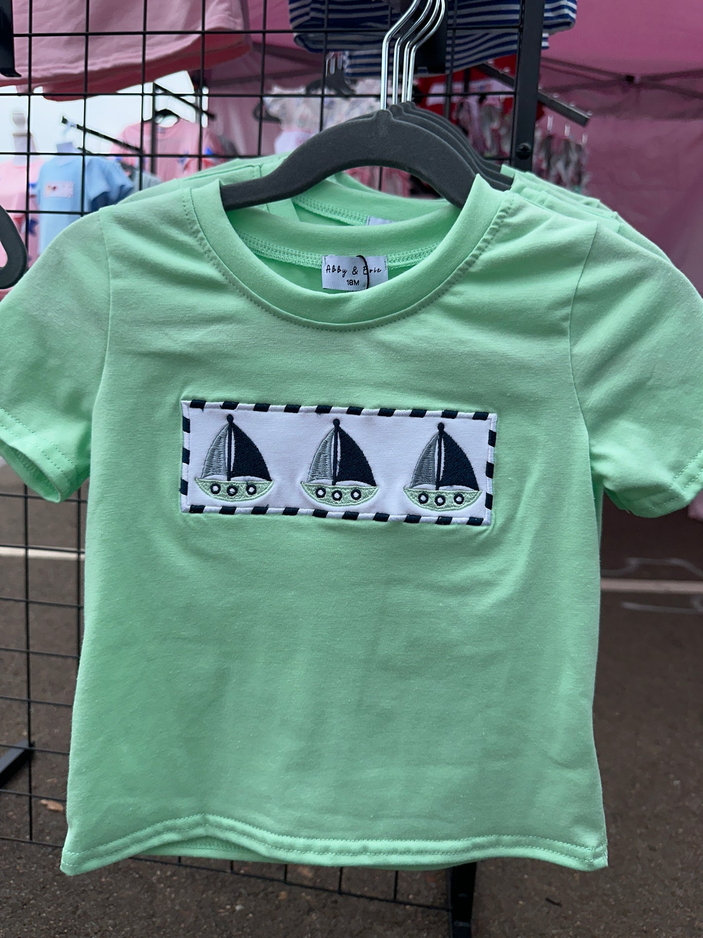 Green seersucker sailboat embroidery top