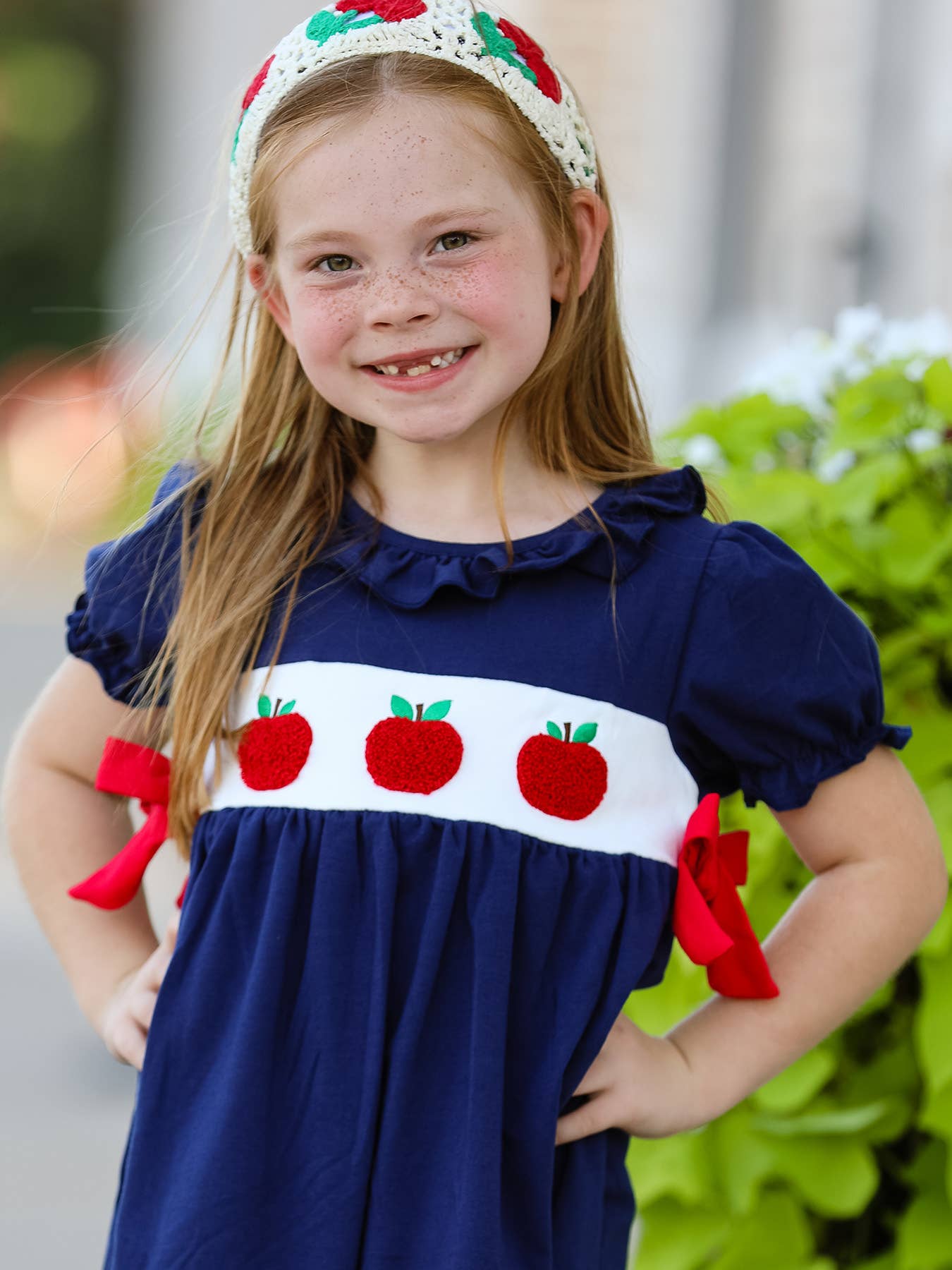 Back To School Navy Bow Apple Applique Girls Dress