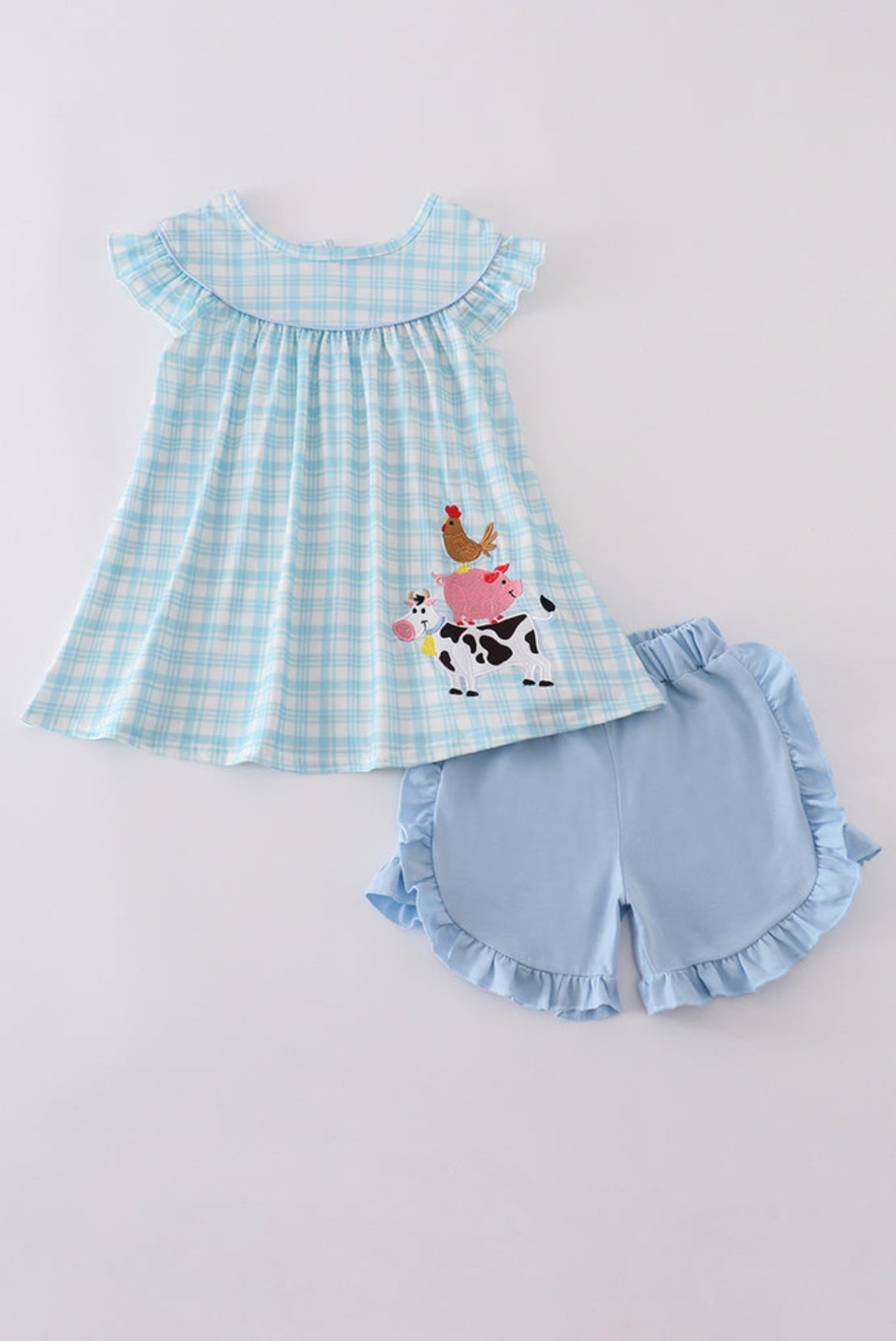 Blue farm appliqué ruffle shorts set