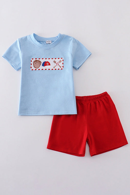 Blue baseball embroidery smocked set