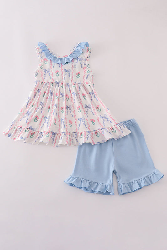 Blue floral bow ruffle shorts set