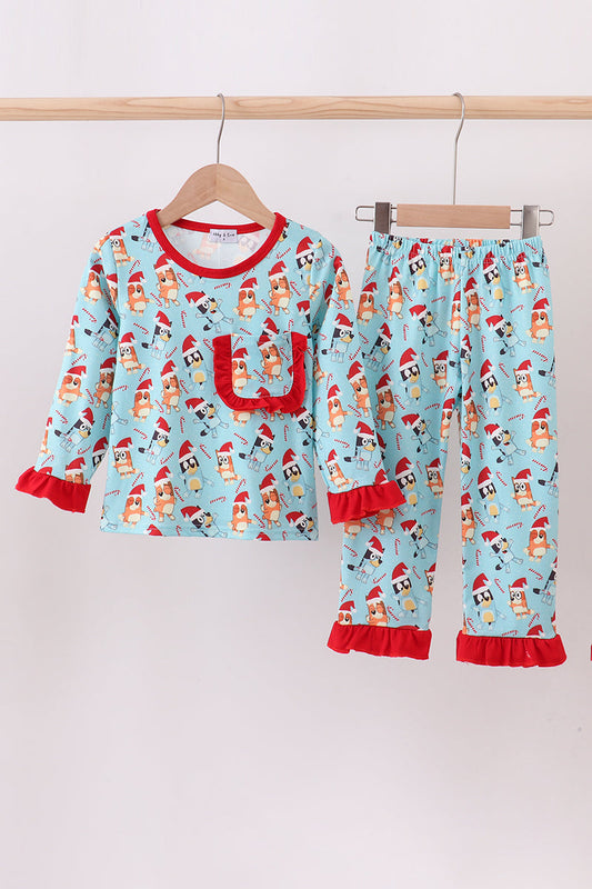 Blue christmas character print pajamas ruffle pants set
