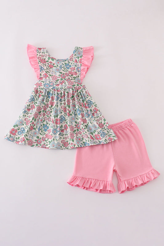 Vintage floral print ruffle shorts set