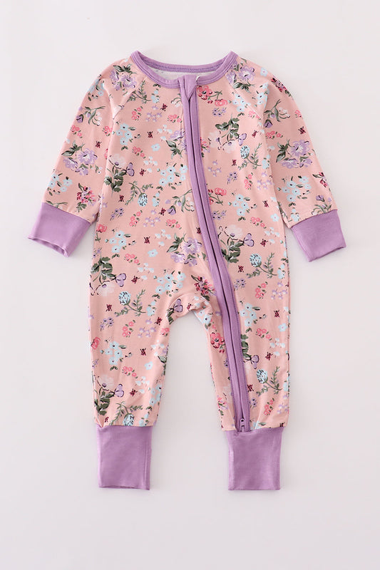 Purple floral print bamboo pajamas romper