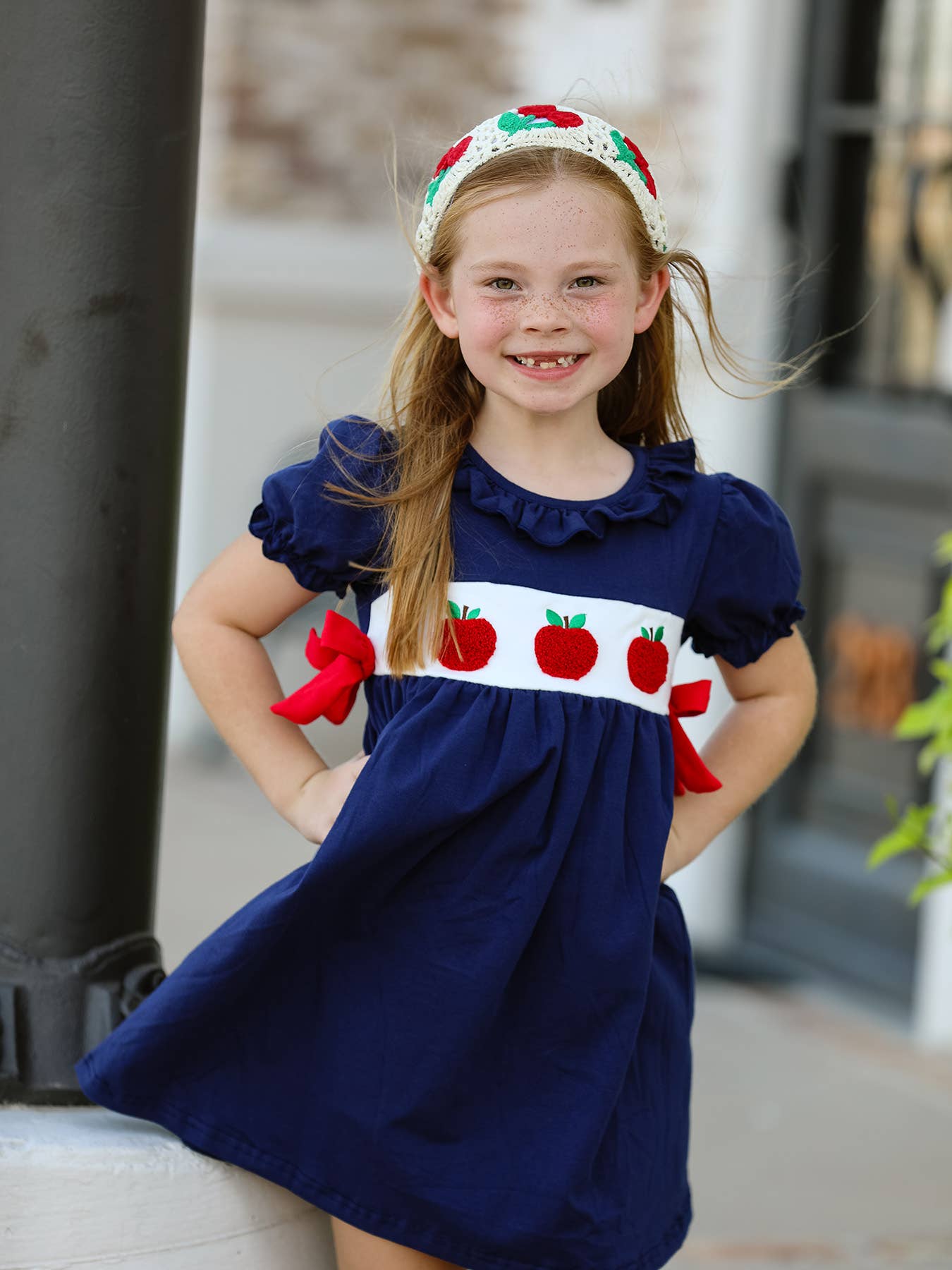 Back To School Navy Bow Apple Applique Girls Dress