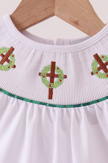 White wreath smocked dress