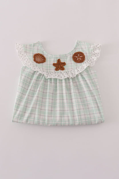 Green plaid sea shell french knot ruffle dress