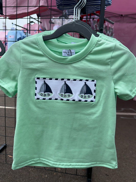 Green seersucker sailboat embroidery top