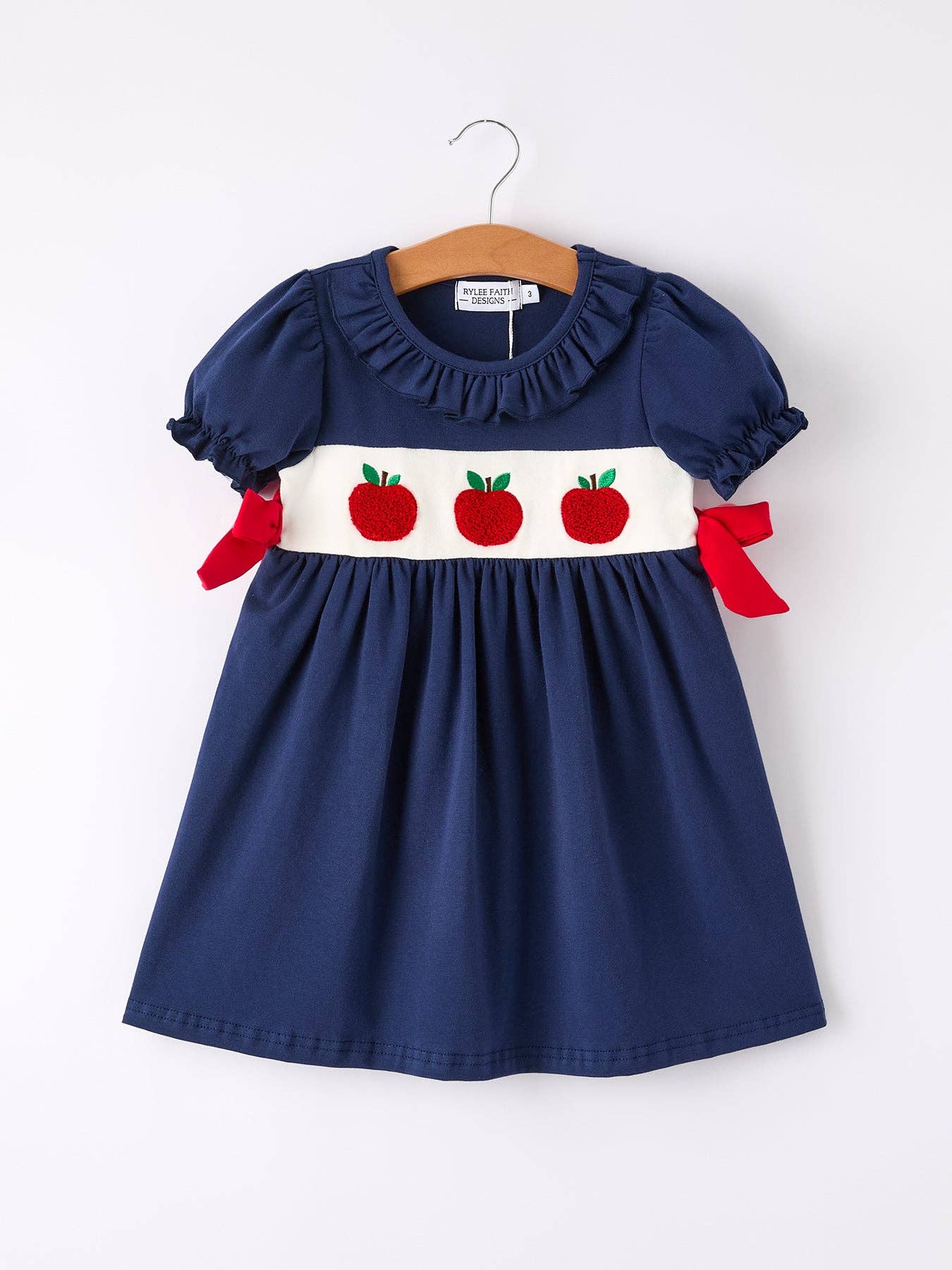 Back To School Navy Bow Apple Applique Girls Dress