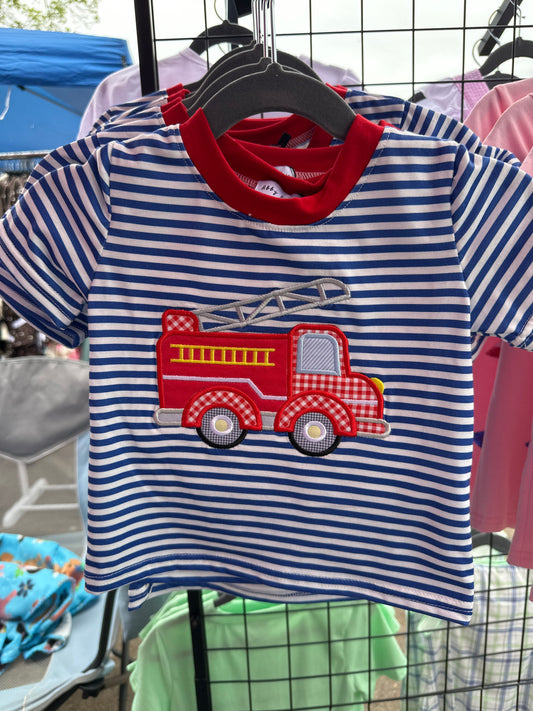 Blue stripe fire truck appliqué top