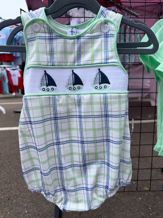 Green seersucker sailboat embroidery smocked bubble