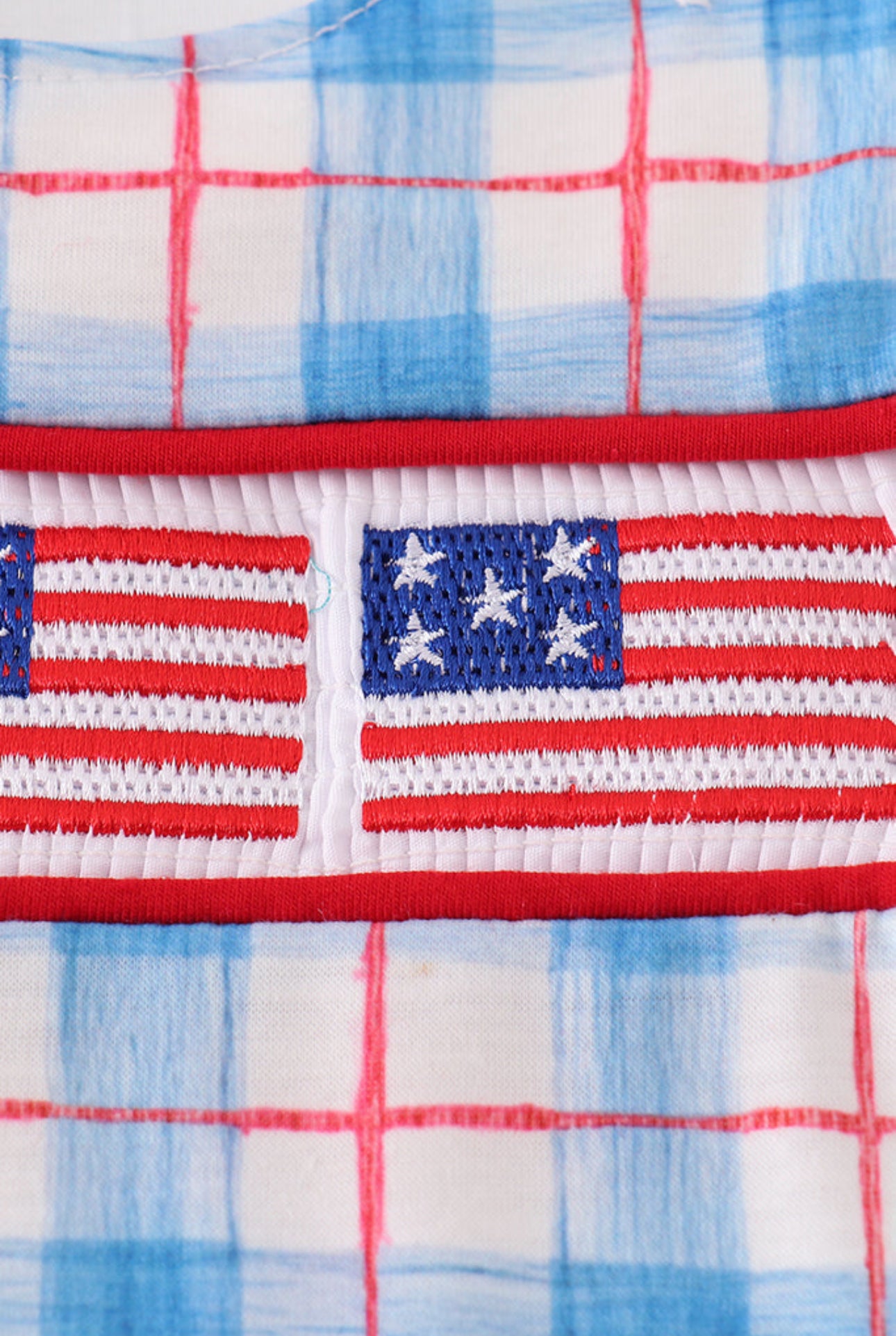 Flag embroidered smocked plaid bubble