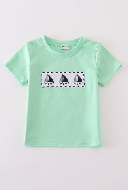 Green seersucker sailboat embroidery top