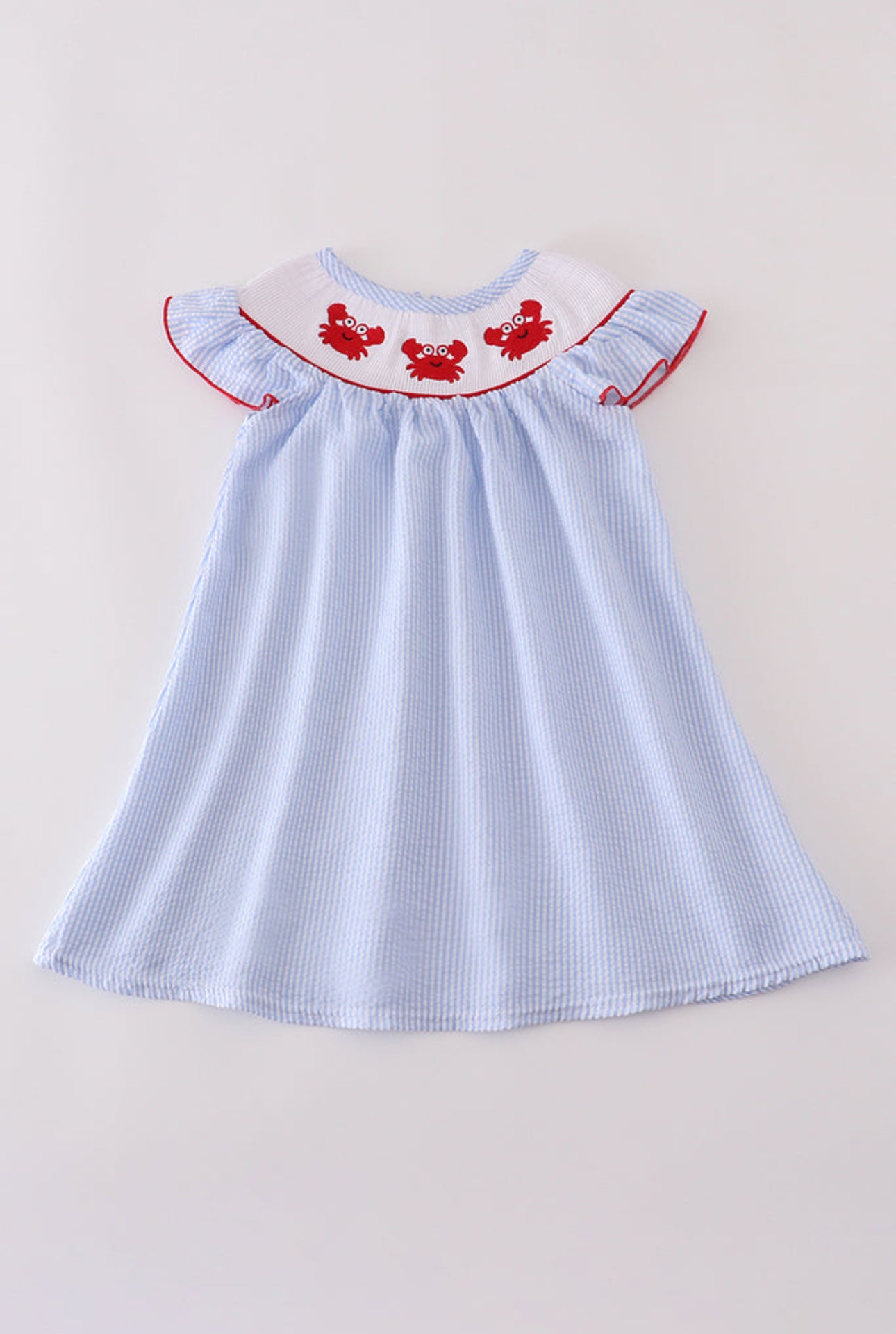 Blue seersucker crab embroider smocked dress