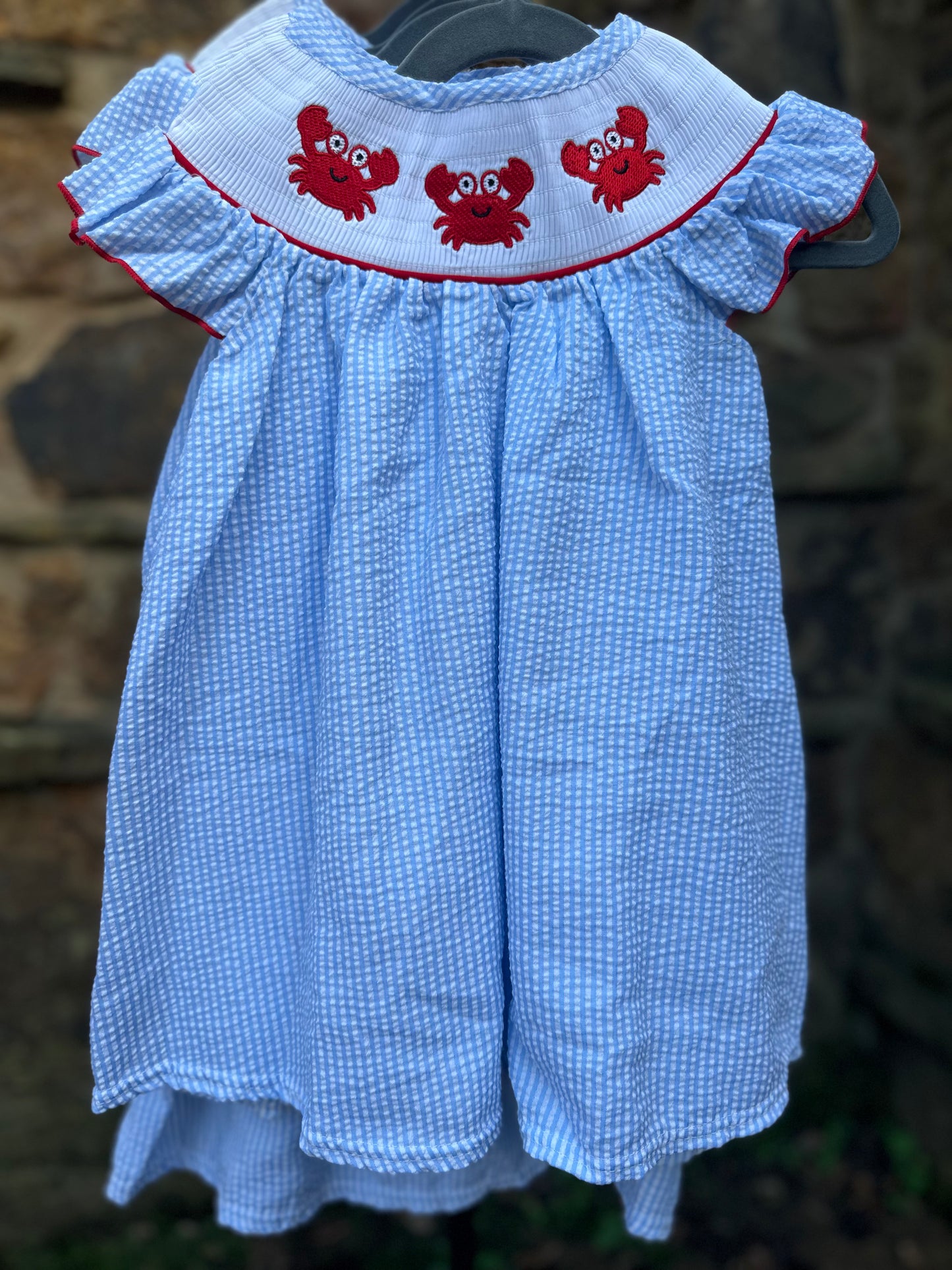 Blue seersucker crab embroider smocked dress