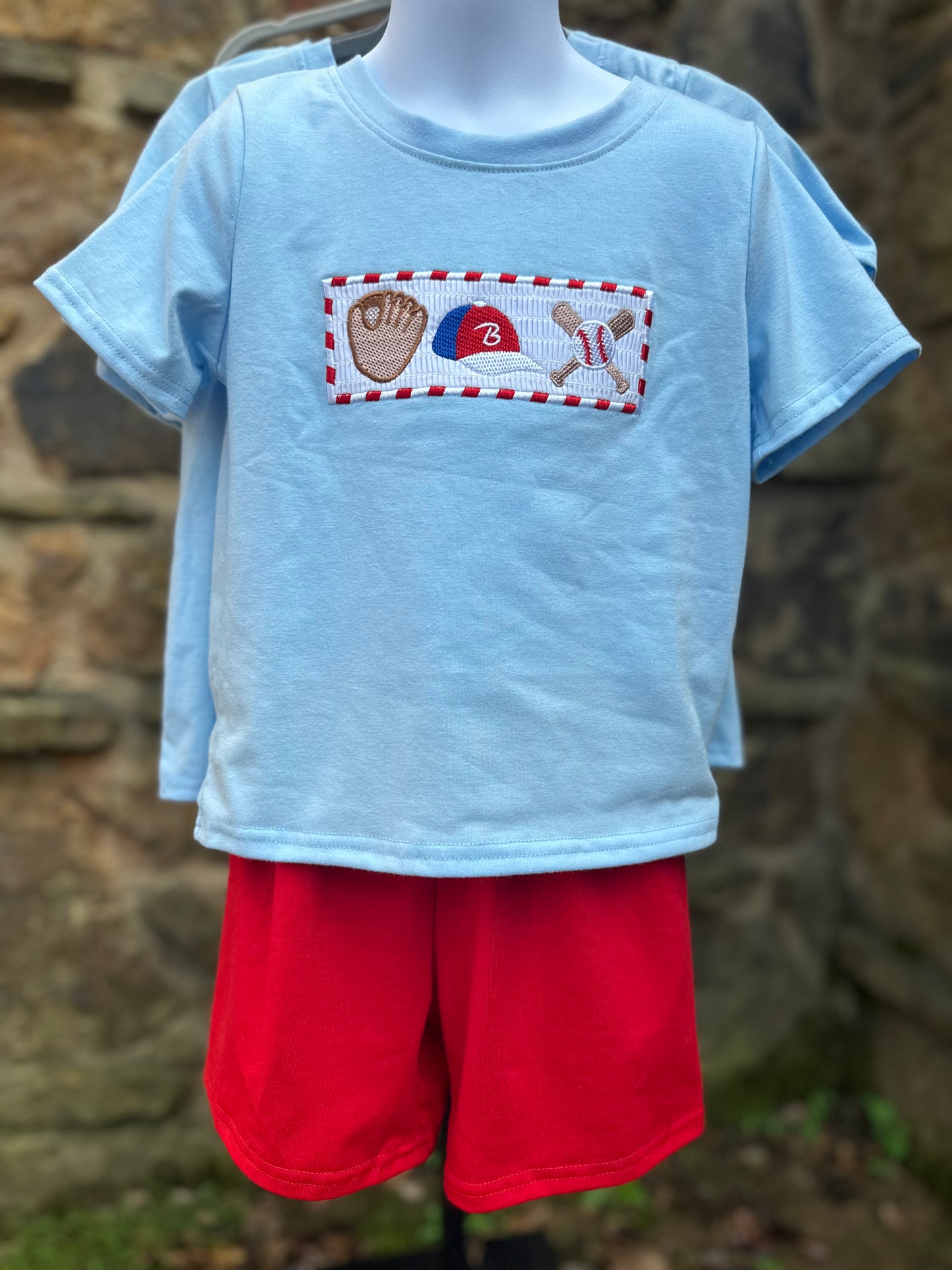 Blue baseball embroidery smocked set