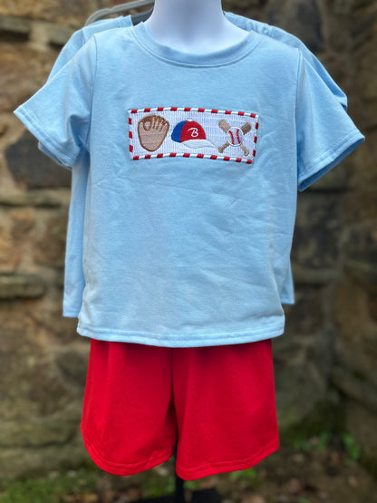 Blue baseball embroidery smocked set