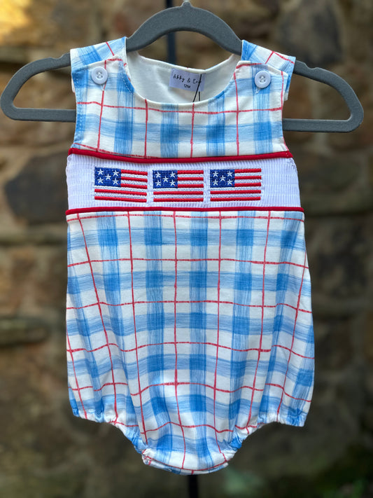 Flag embroidered smocked plaid bubble