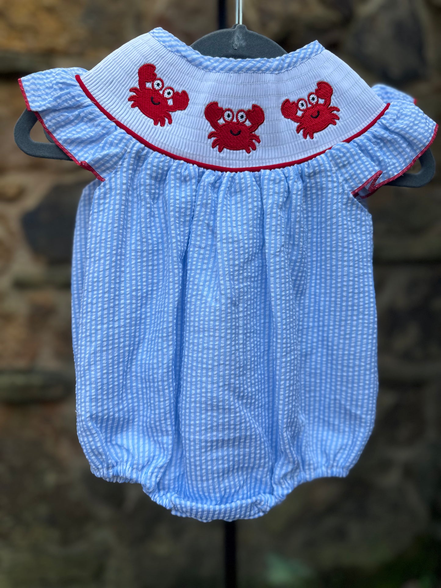 Blue seersucker crab embroidery smocked bubble