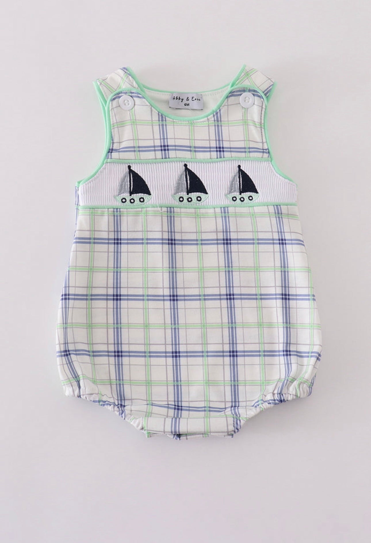 Green seersucker sailboat embroidery smocked bubble