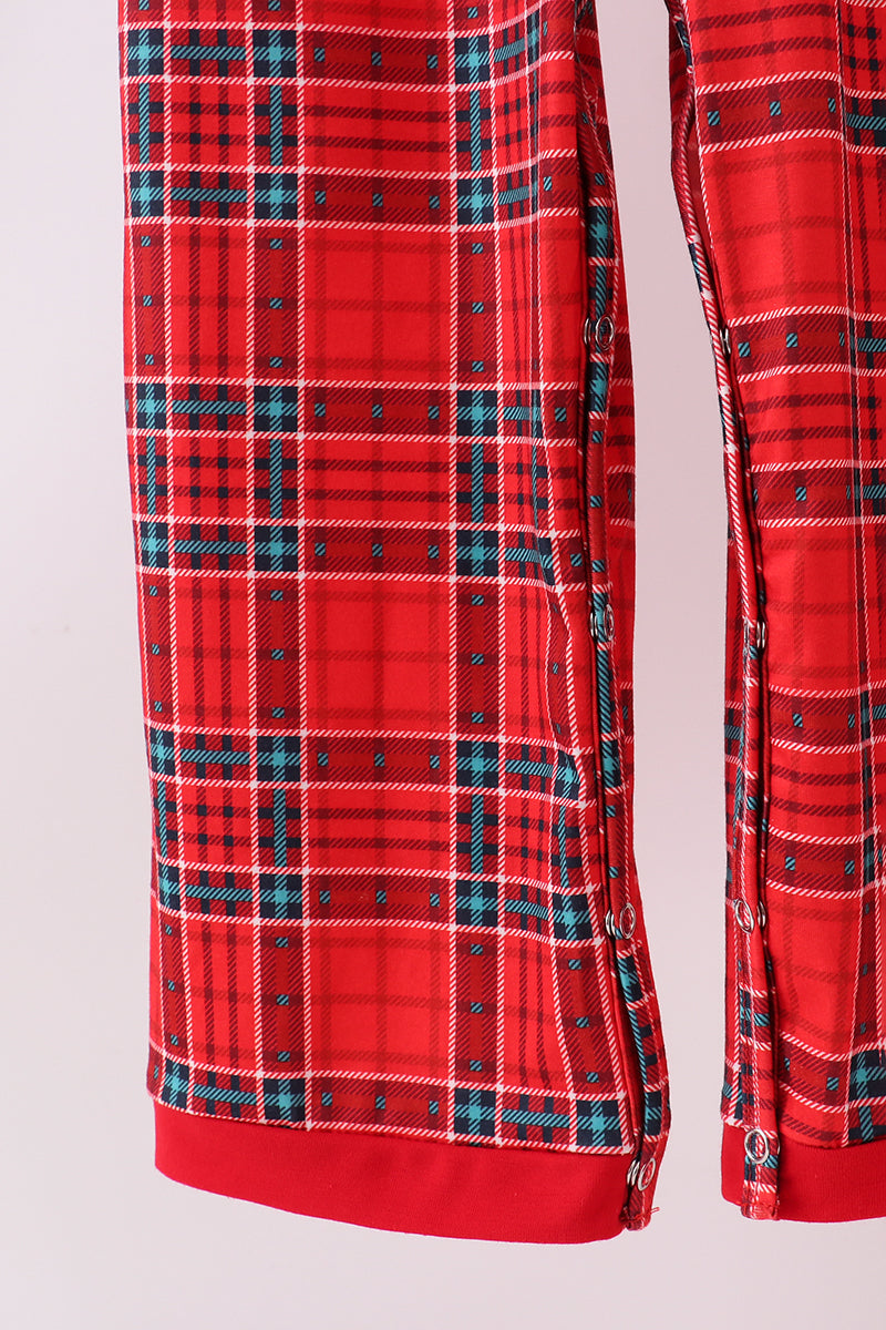 Red tree embroidery plaid jumpsuit set