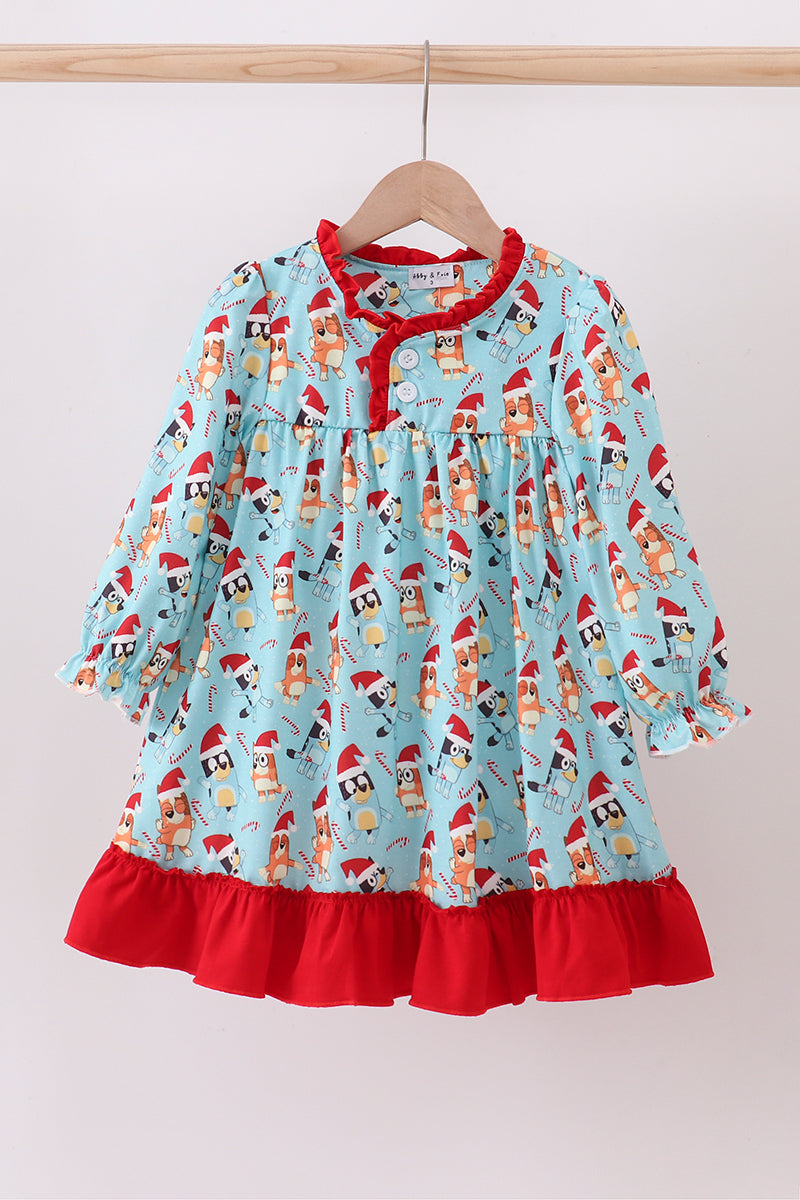 Blue christmas character print ruffle gown