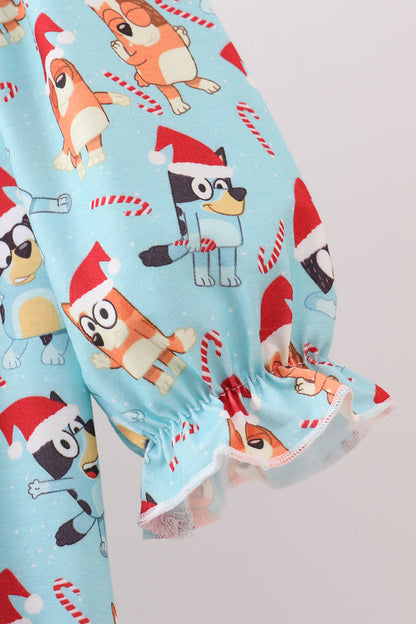 Blue christmas character print ruffle gown