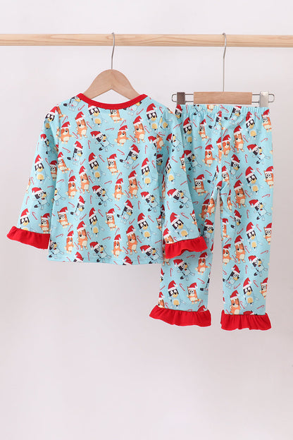 Blue christmas character print pajamas ruffle pants set