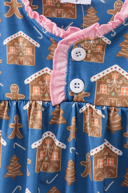 Navy gingerbread print ruffle gown