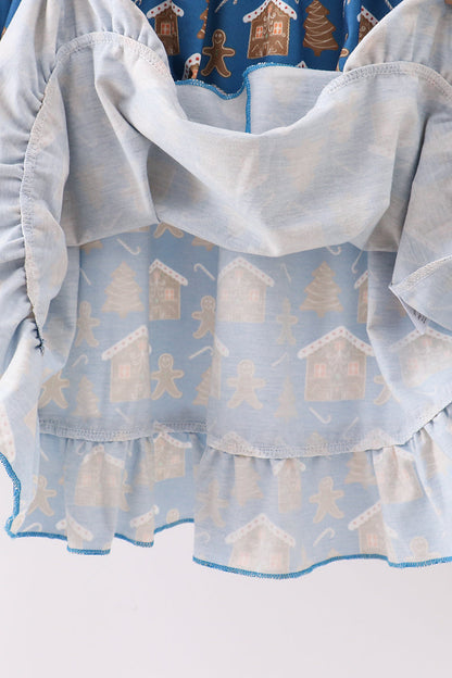 Navy gingerbread print ruffle gown