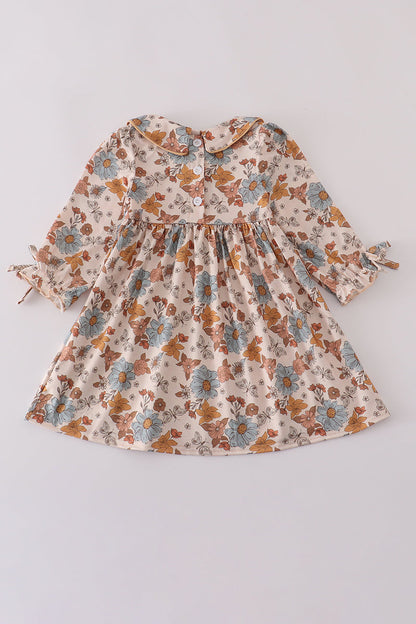 Khaki deer embroidery floral dress