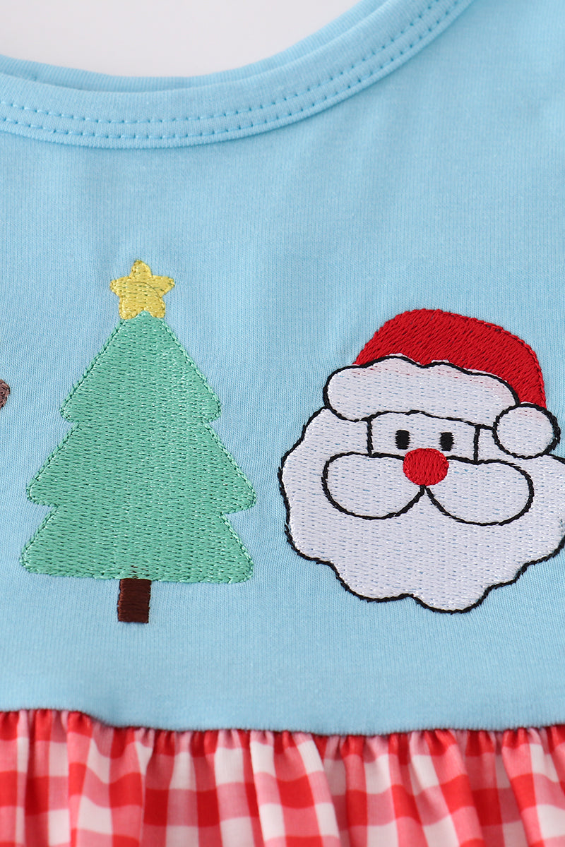 Blue deer tree santa embroidery ruffle dress
