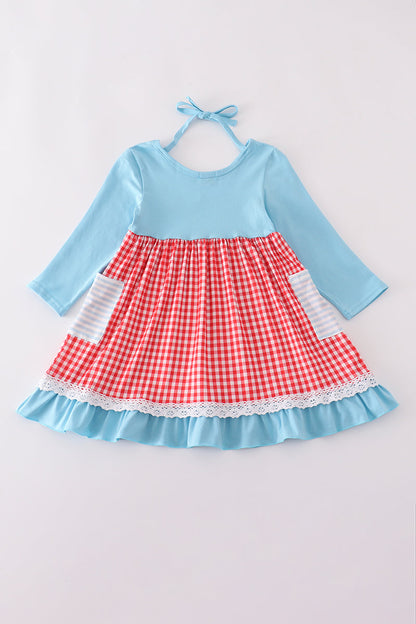 Blue deer tree santa embroidery ruffle dress