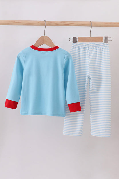 Blue deer tree santa embroidery pants set