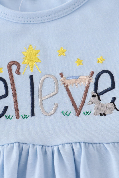 Blue believe embroidery ruffle pants set