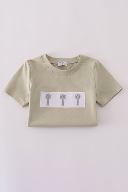 Green farm windmill embroidery shorts set