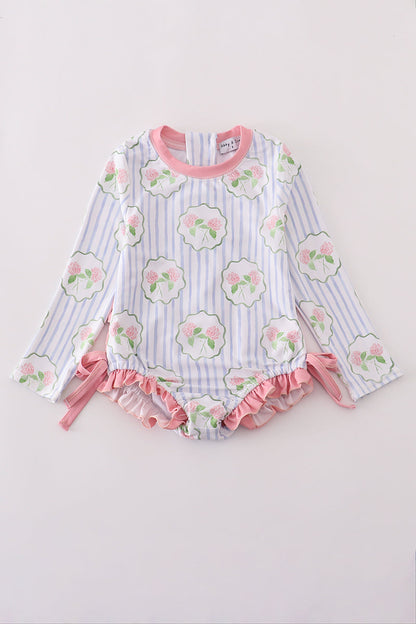 Floral stripe long sleeve swimsuit UPF50+