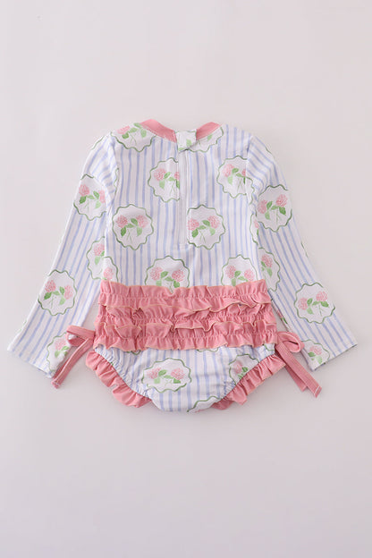 Floral stripe long sleeve swimsuit UPF50+