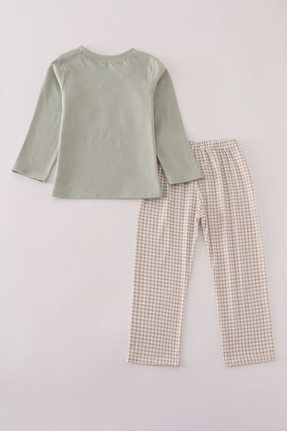 Blue dog deer embroidery pants set
