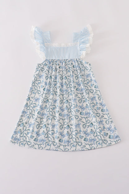 Blue bow & lace print ruffle dress